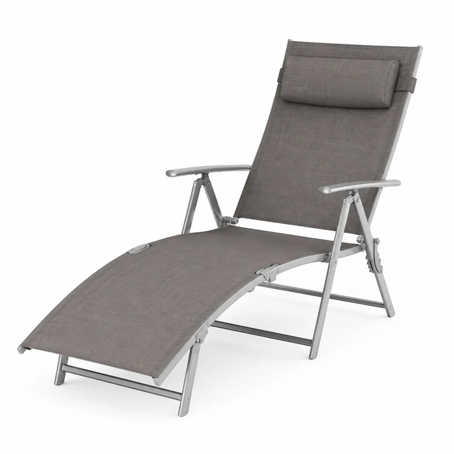 Chaise Longue Pieghevole in Metallico con Tessuto in Poliestere Grigio