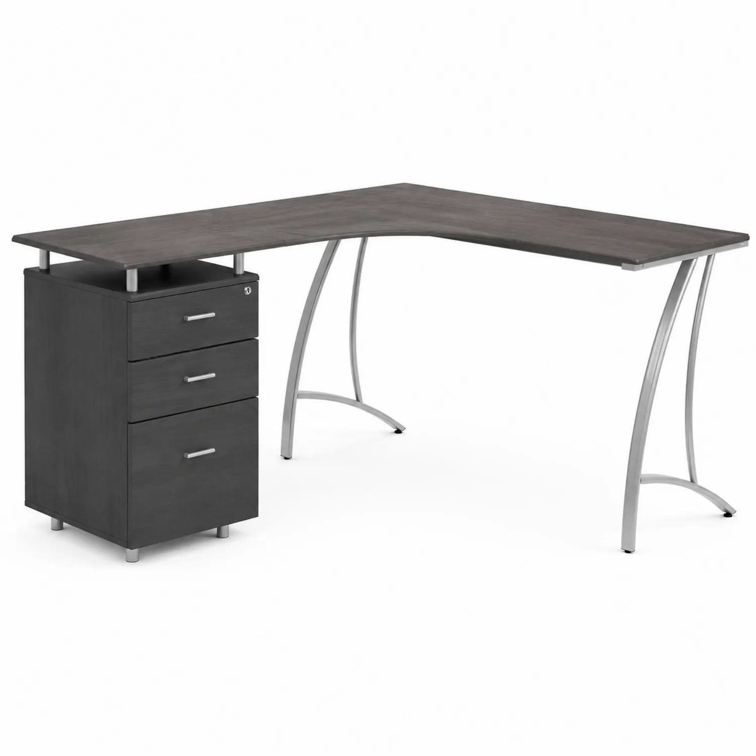 Scrivania Angolare in Legno e Metallo con Cassetti Grigio Scuro