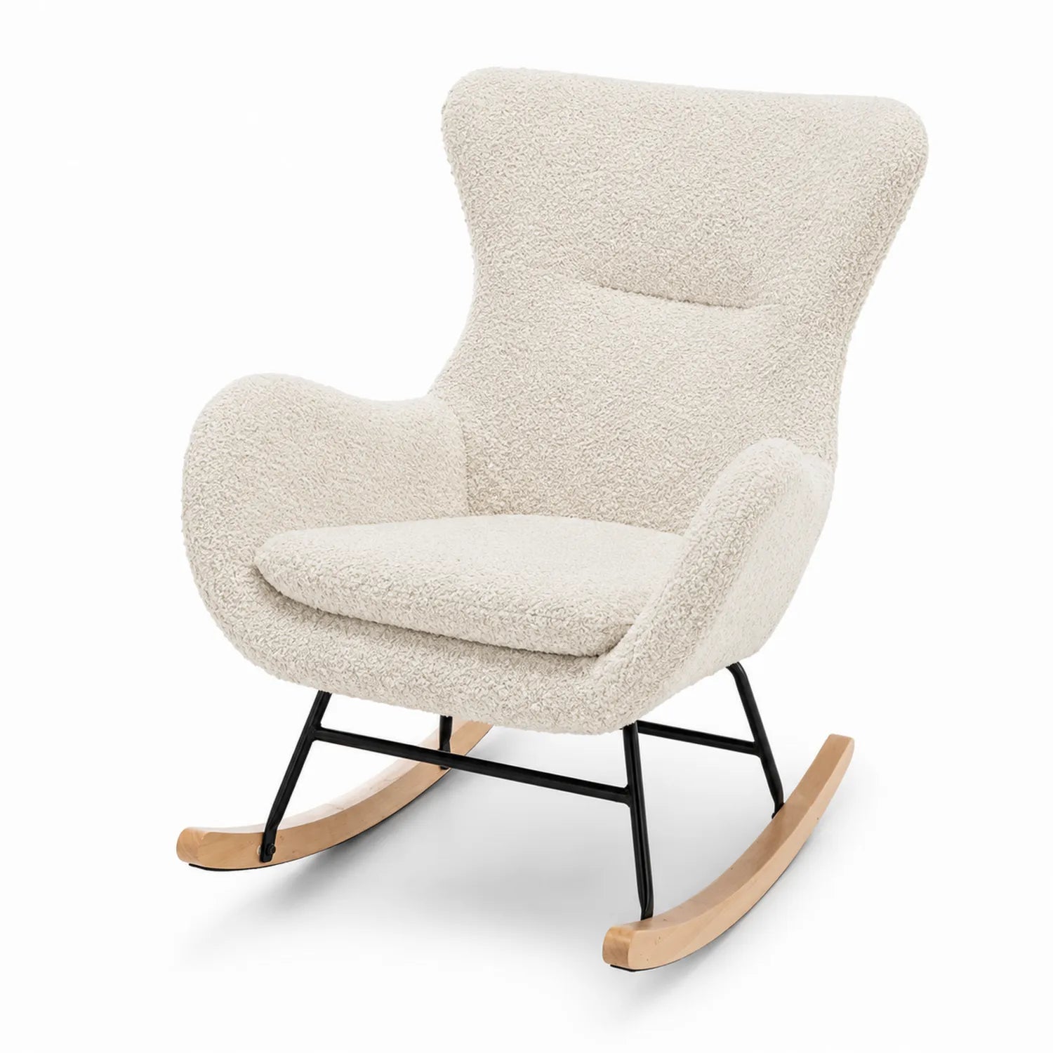 Sedia a Dondolo in Bouclé Crema con Struttura in Metallo e Base in Legno