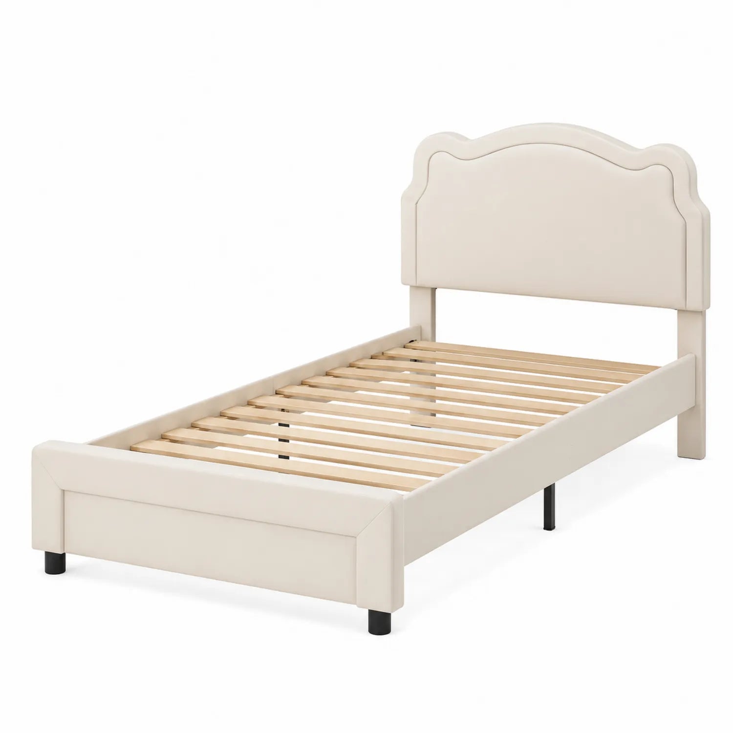 Letto singolo in legno con testiera imbottita crema 200x90 cm