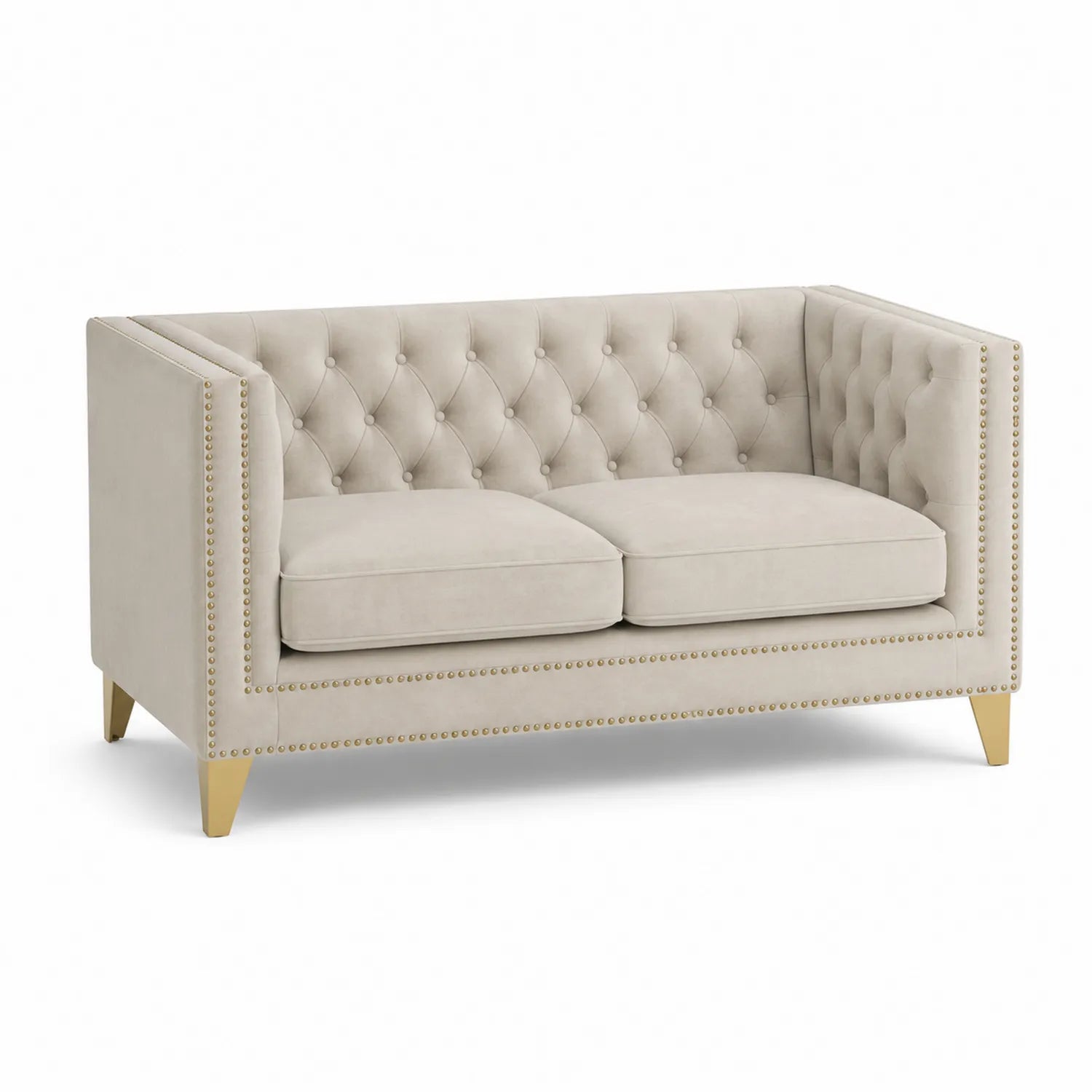 Divano in velluto beige con gambe in legno