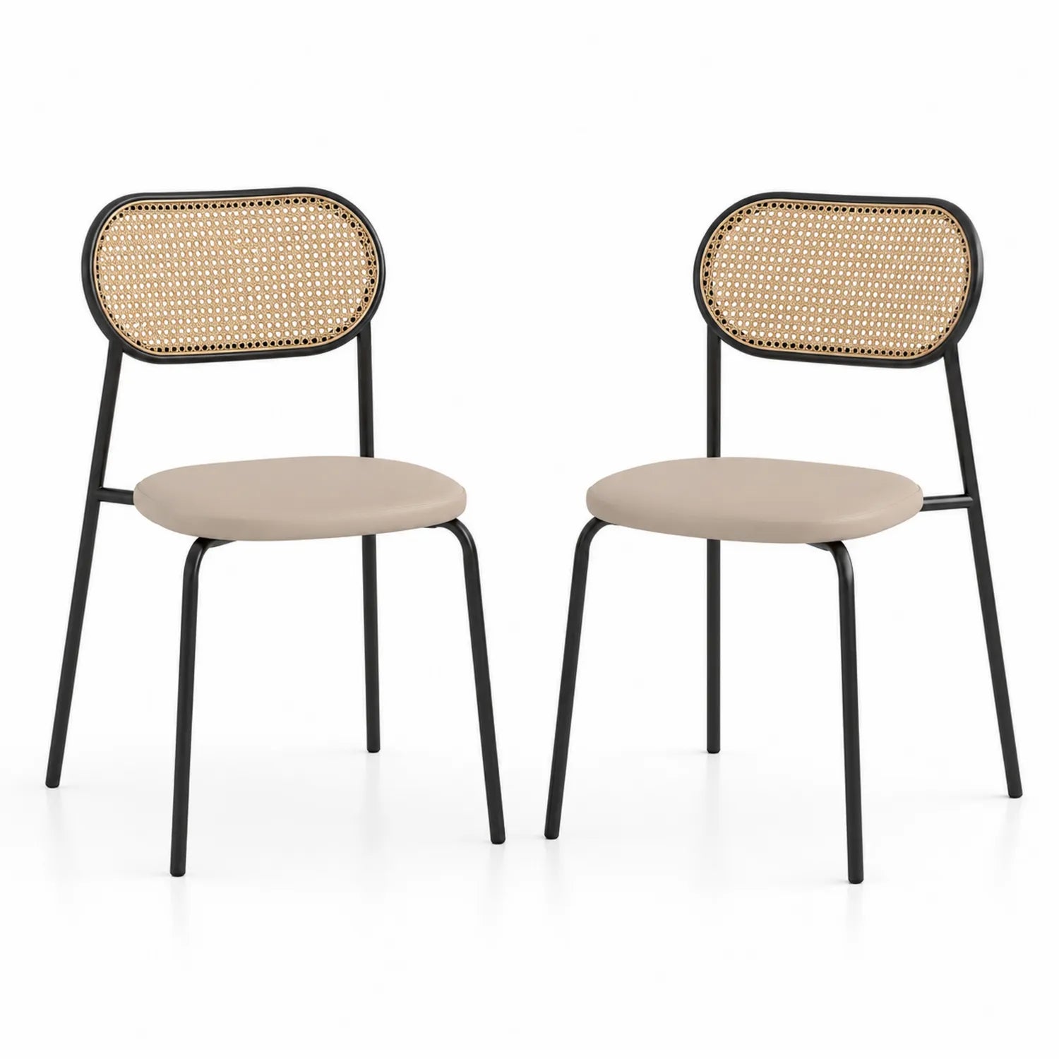 Set di 2 Sedie in Metallo e Rattan Intrecciato Beige