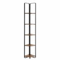 Scaffale angolare a cinque ripiani in metallo nero e legno