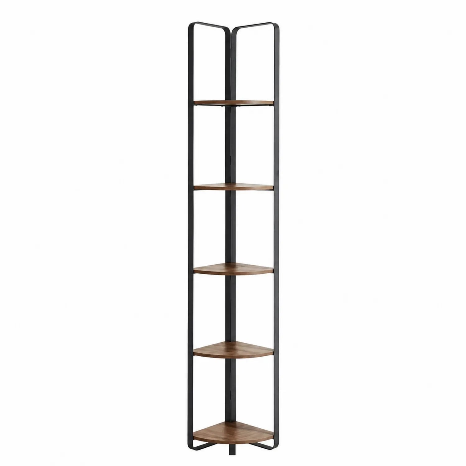 Scaffale angolare a cinque ripiani in metallo nero e legno