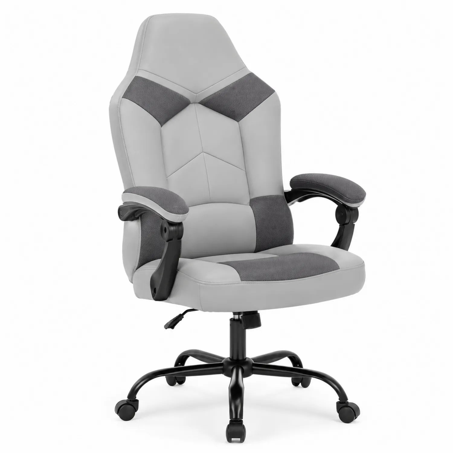 Sedia da ufficio ergonomica in similpelle e tessuto grigio con braccioli