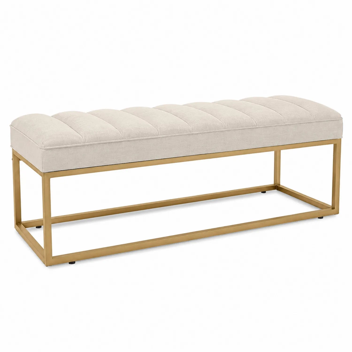 Panca imbottita in tessuto beige con struttura in metallo dorato