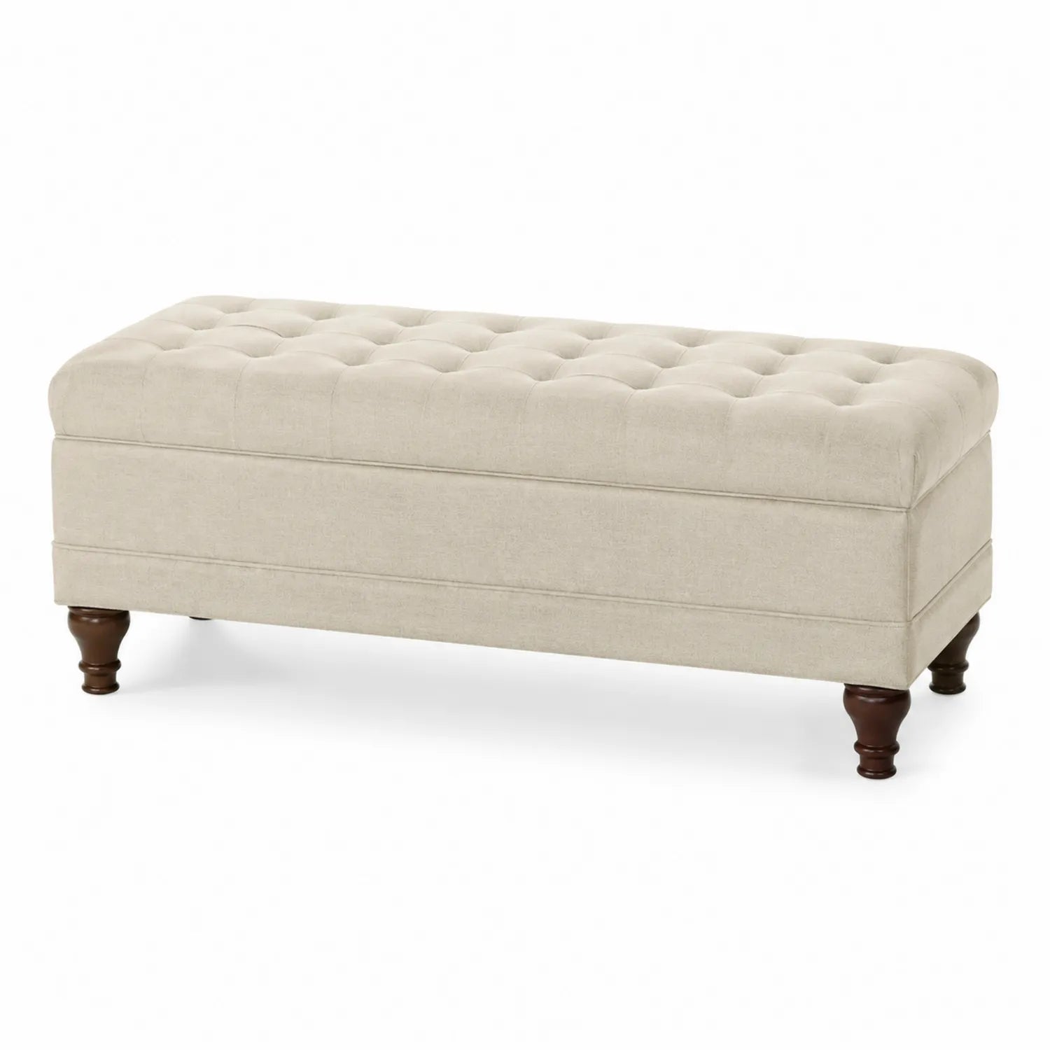 Panca rettangolare in tessuto beige con gambe in legno