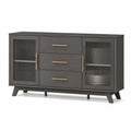 Credenza moderna in legno con porte in vetro scanalato e maniglie in ottone, grigio scuro, 150x40x85 cm