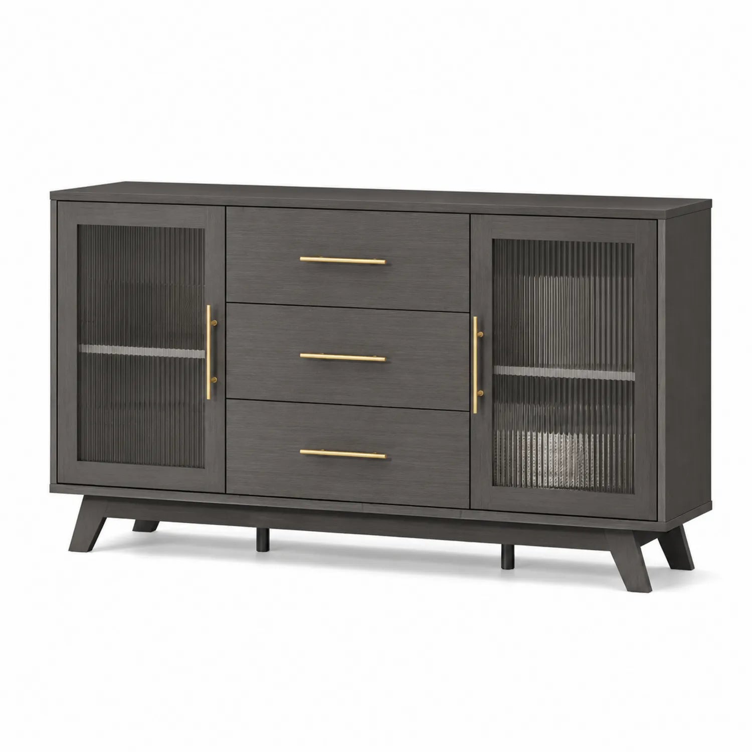 Credenza moderna in legno con porte in vetro scanalato e maniglie in ottone, grigio scuro, 150x40x85 cm