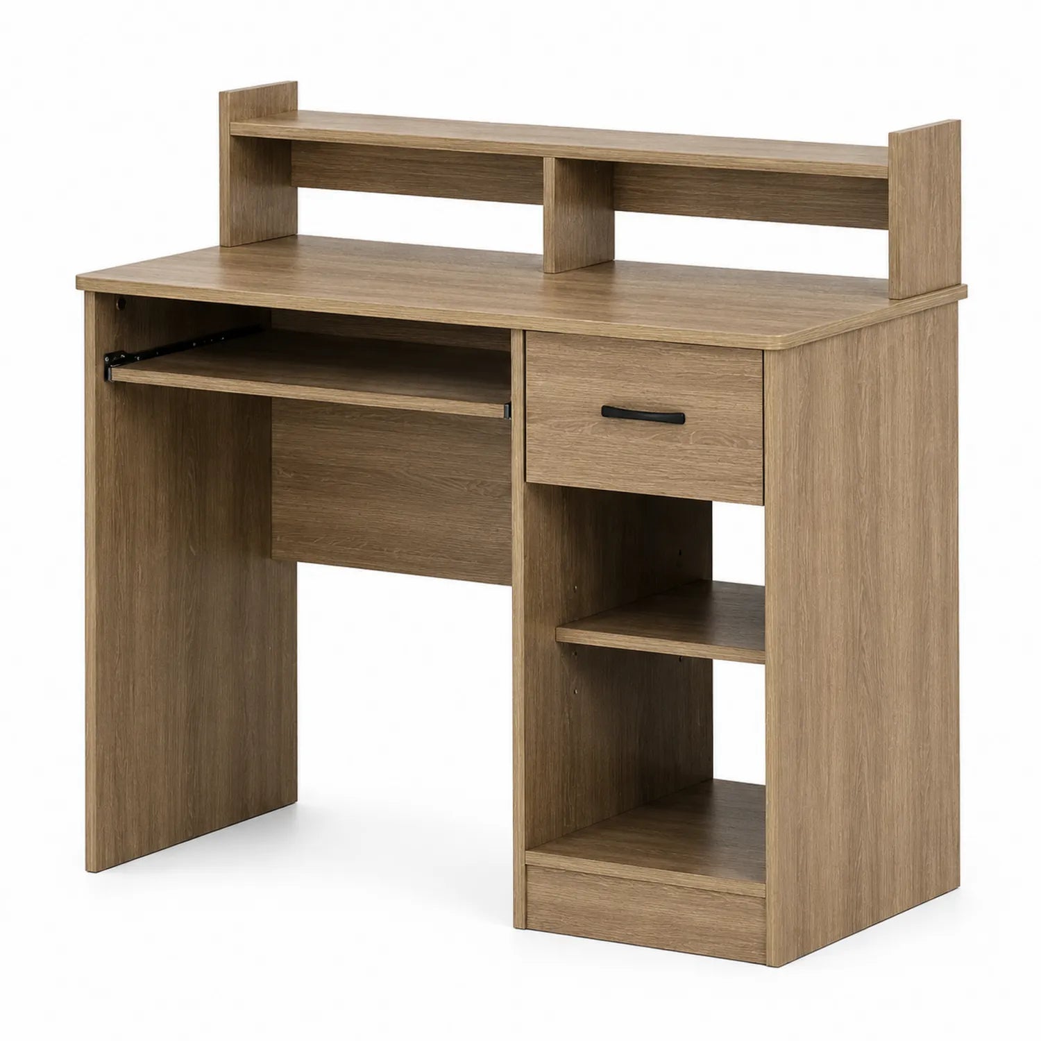 Scrivania in legno multistrato marrone con cassetto e ripiani
