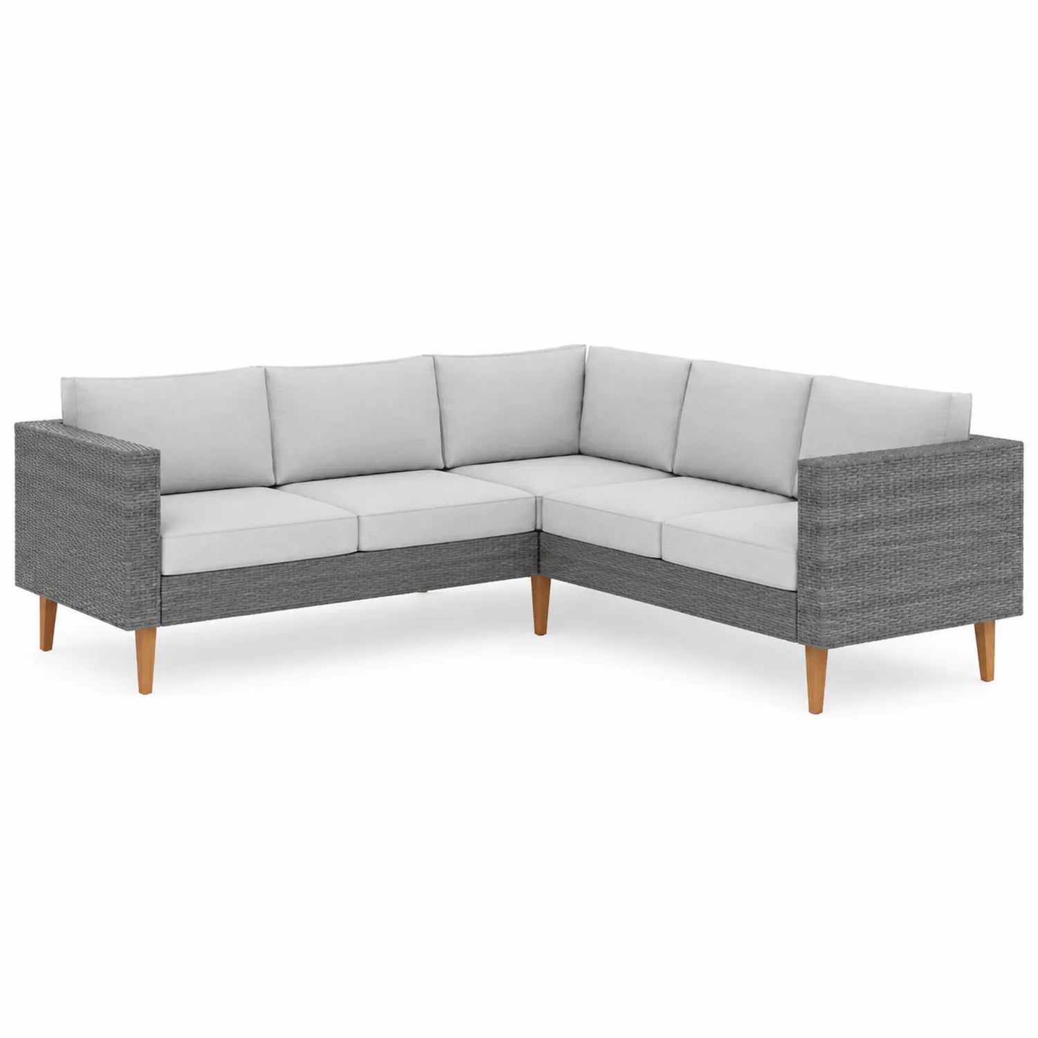 Divano ad Angolo in Rattan Grigio con Cuscini in Poliestere