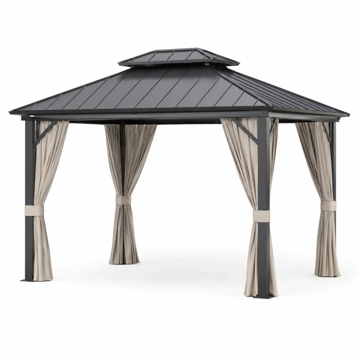 Gazebo Metallo con Tetto a Due Livelli e Tende 3x4 m
