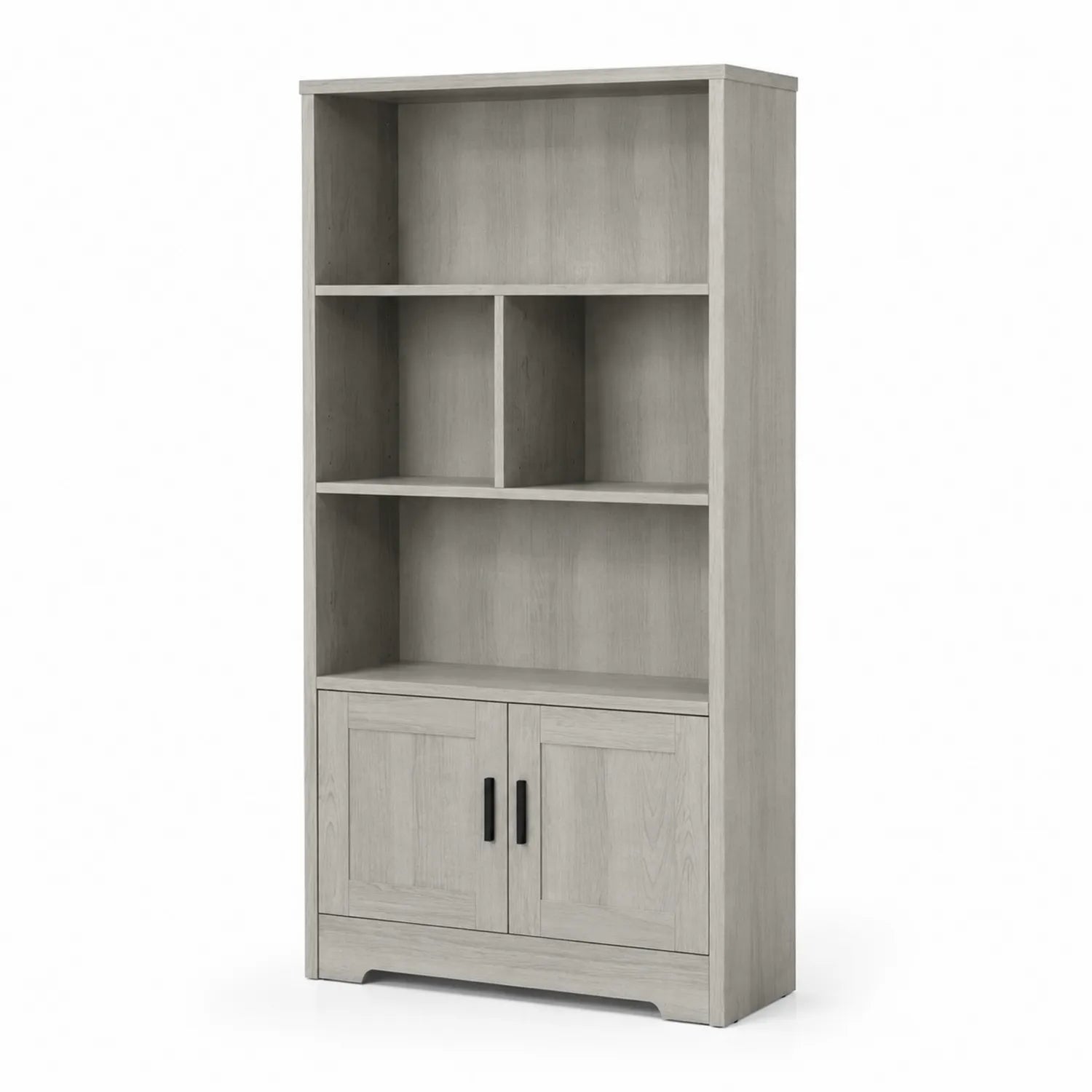 Libreria in legno composito grigio con ripiani e ante