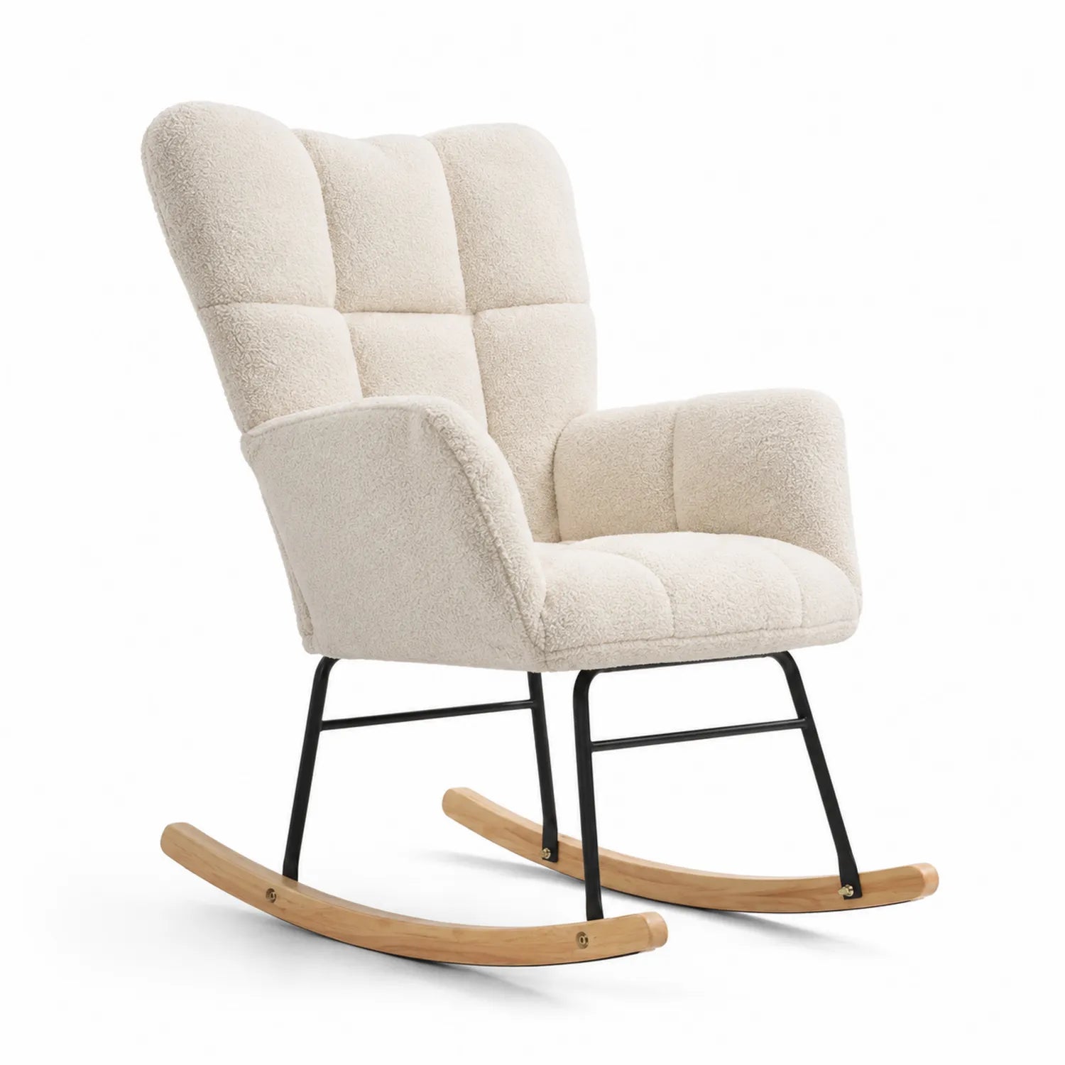 Poltrona a Dondolo in Tessuto Bouclé Crema con Base in Legno e Struttura in Metallo
