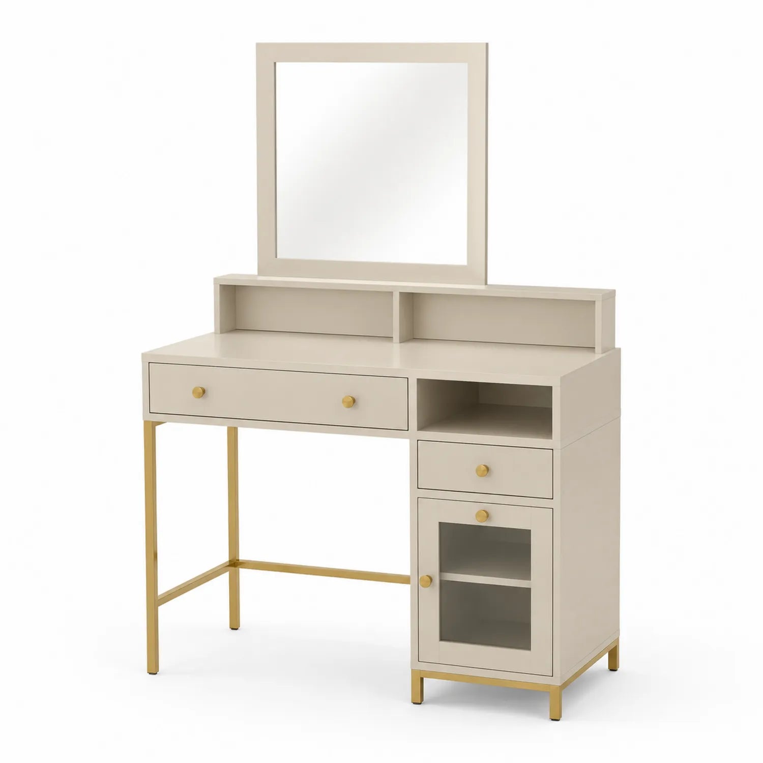 Toletta in MDF Beige con Specchio e Gambe in Metallo Dorato