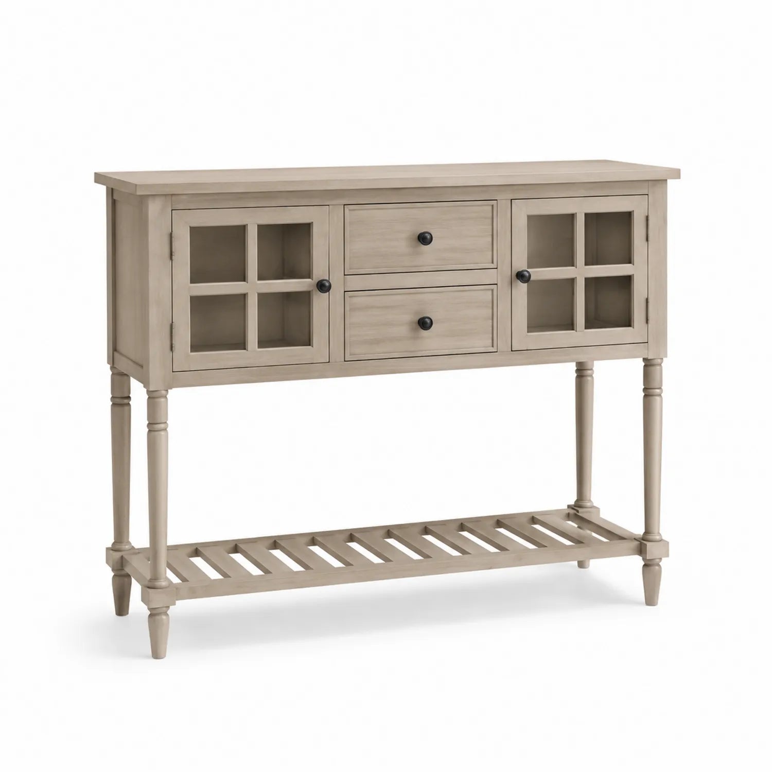 Consolle in legno con ante in vetro temperato e cassetti, beige, 120x35x90 cm