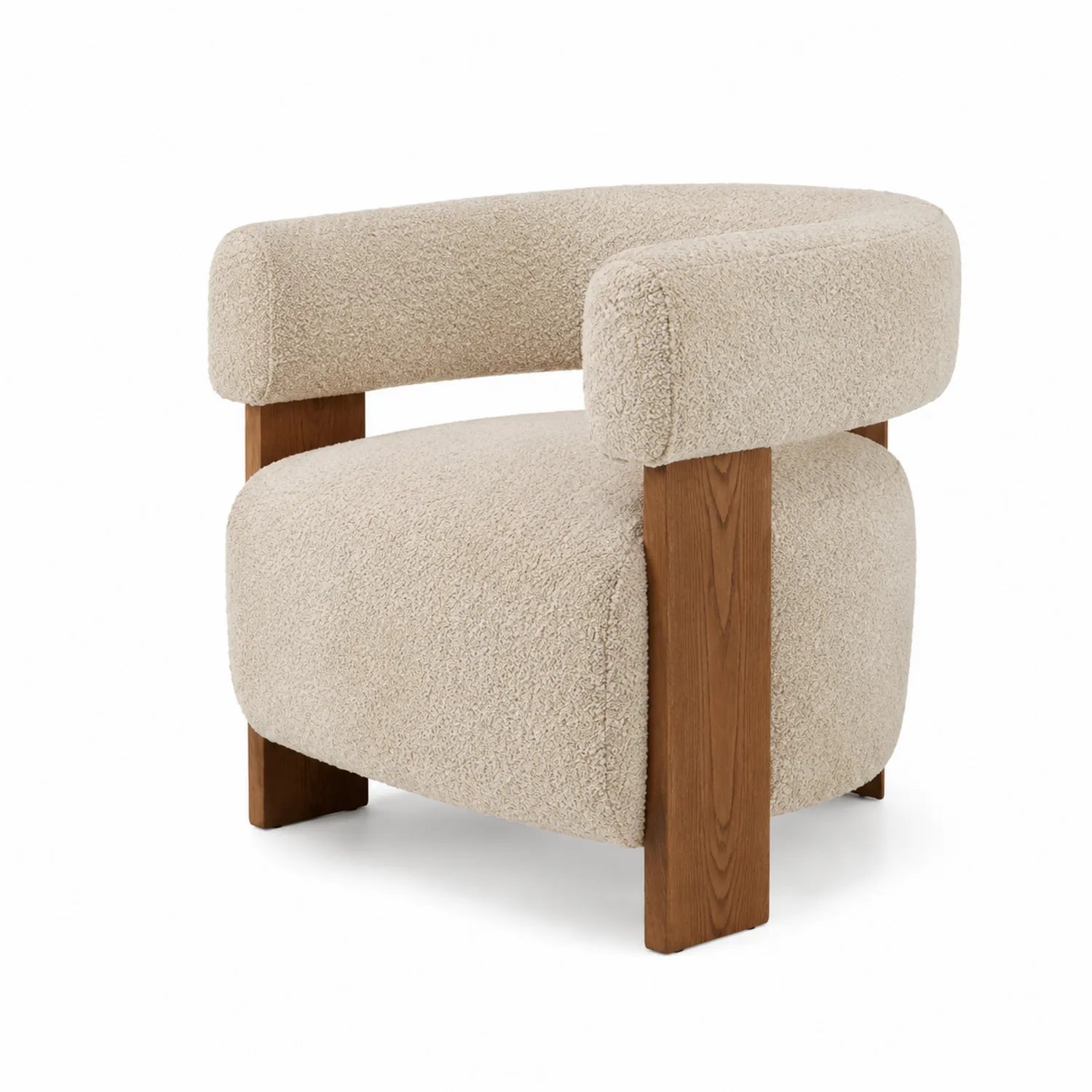 Poltrona in Tessuto Bouclé con Struttura in Legno Beige
