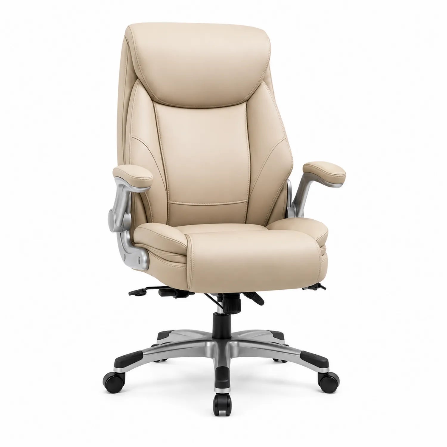 Sedia da ufficio ergonomica in PU e acciaio beige con braccioli regolabili