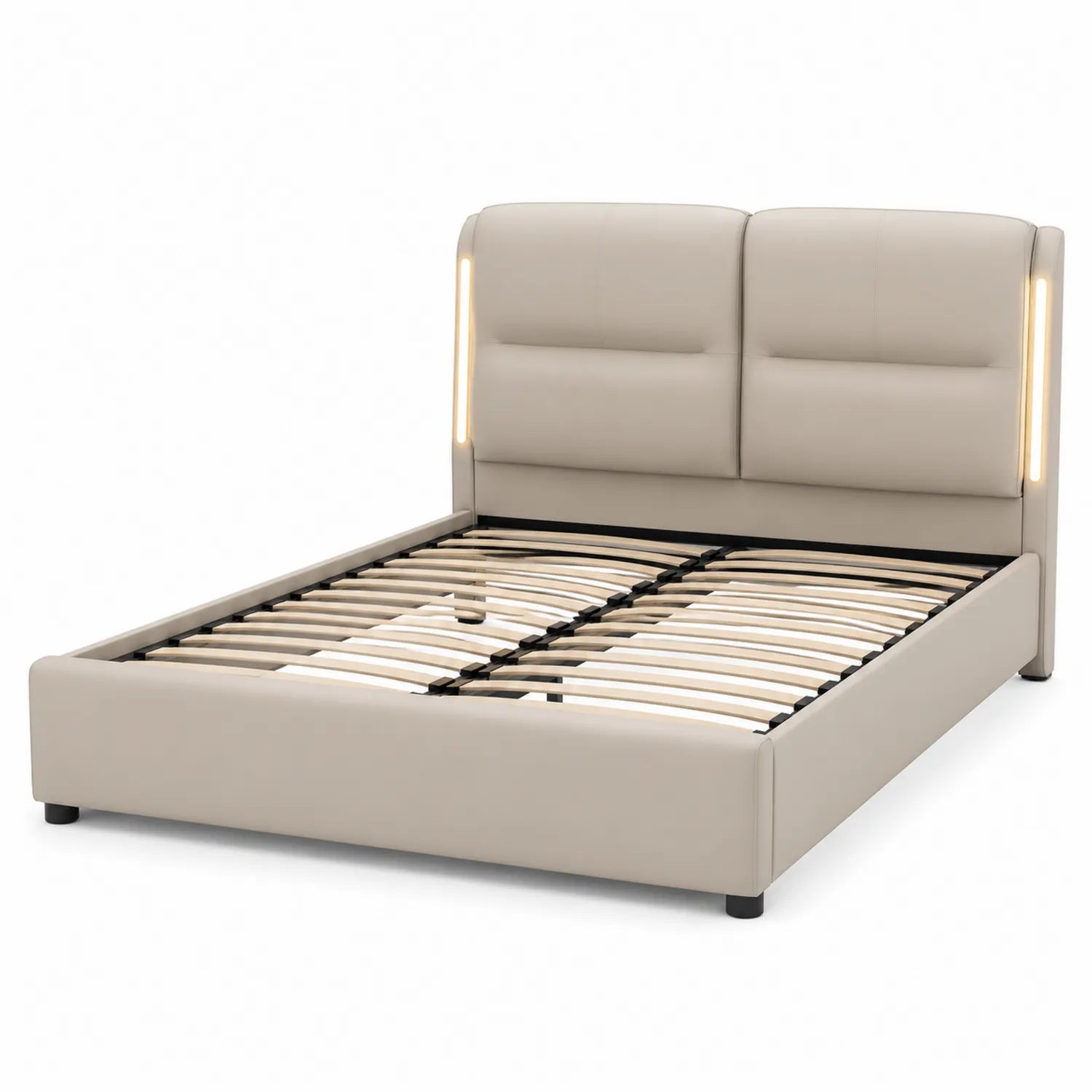 Letto matrimoniale in ecopelle beige con testiera illuminata e doghe in legno 200x160 cm