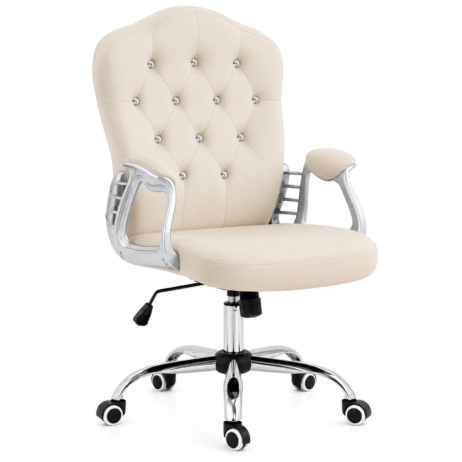 Sedia da ufficio in similpelle beige con braccioli cromati